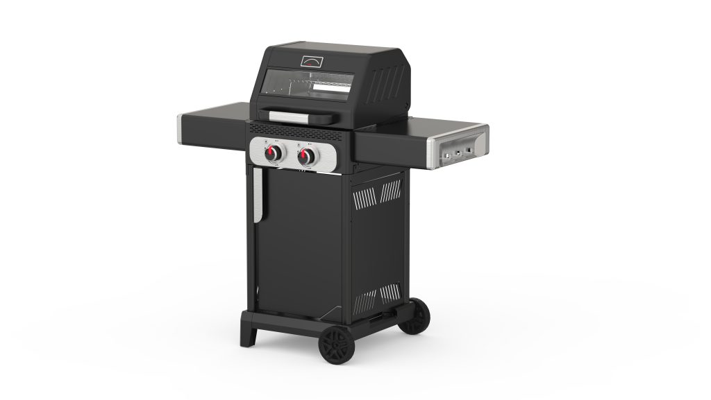 black 2 burner gas BBQ grill cabinet style for patio use