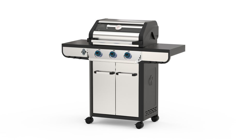 3-burner stainless steel outdoor gas grill with closed cabinet