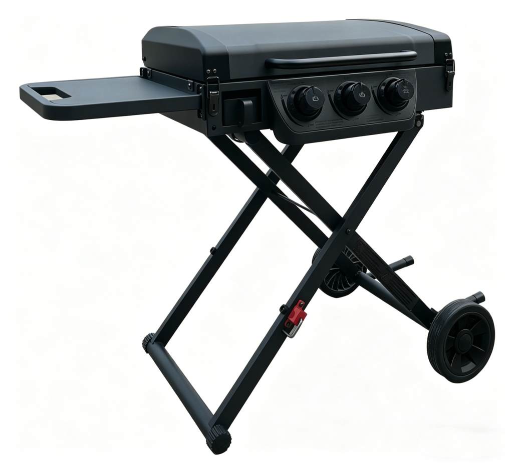 Foldable cart style gas plancha griddle grill for outdoor catering