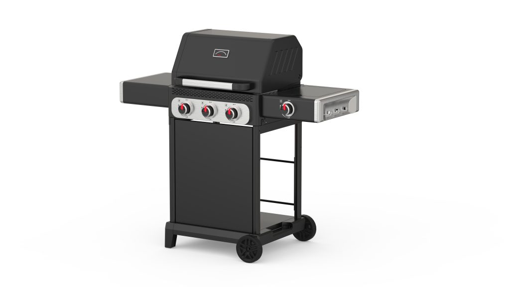 Economical outdoor propane barbecue grill with wheeled support rack
