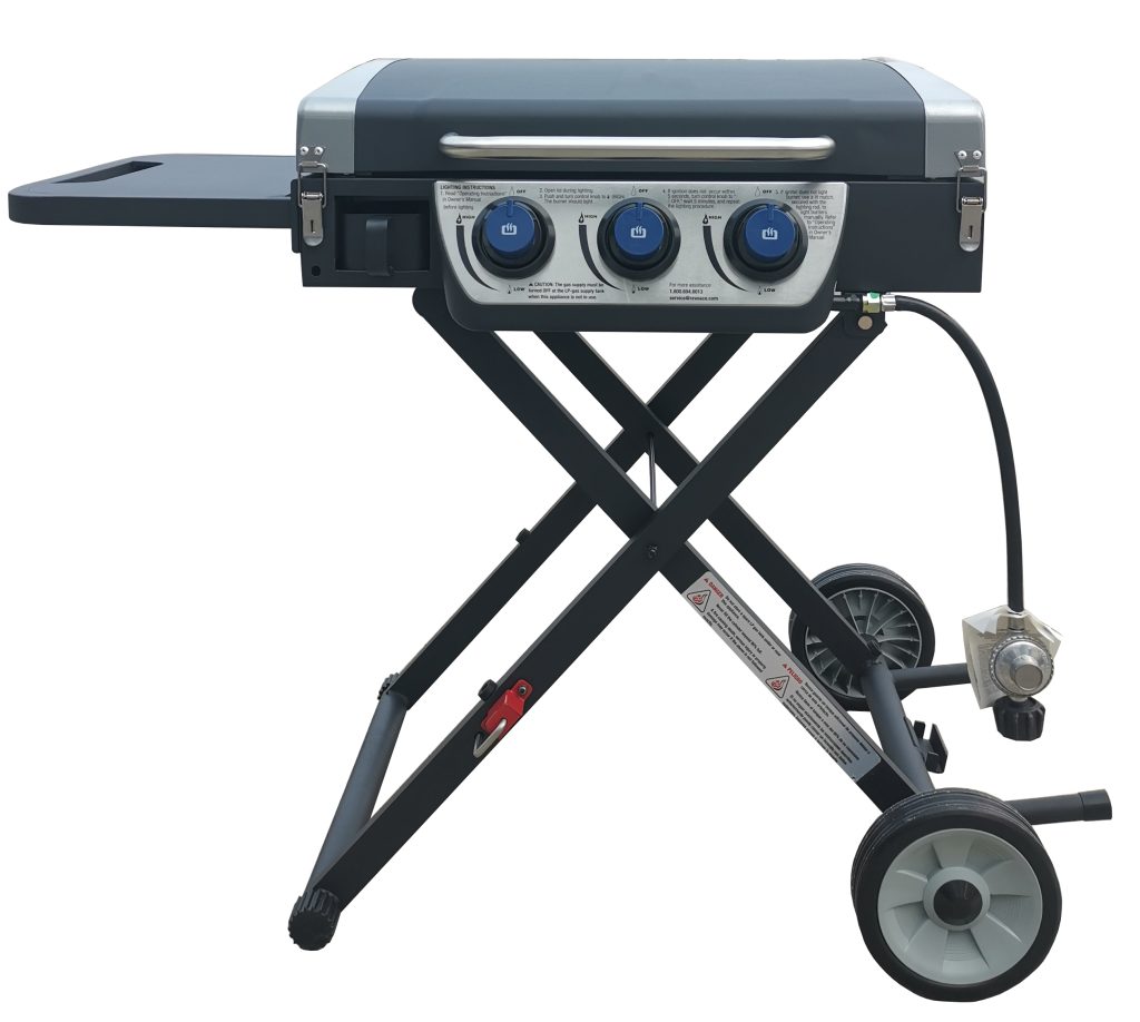 Wheeled portable gas griddle plancha grill with side work shelf