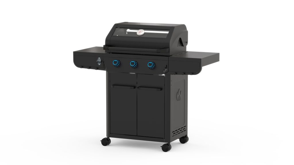 Compact lidded gas outdoor grill with side burner
