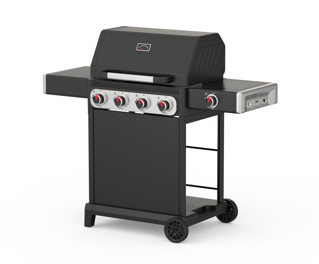 Standard size 4 burner gas grill with side burner and storage shelf