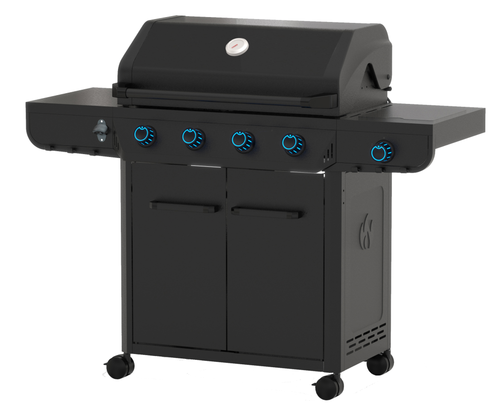 4 burner freestanding propane gas BBQ grill with side table and storage cabinet for outdoor backyard cooking